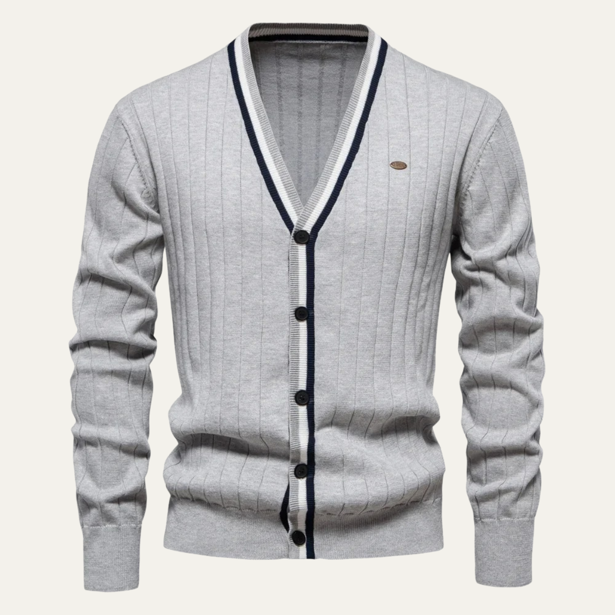 Men’s V Neck Rib Knit Cardigan with Striped Trim