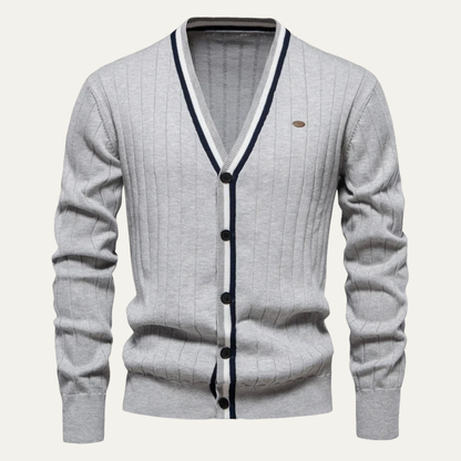 Men’s V Neck Rib Knit Cardigan with Striped Trim