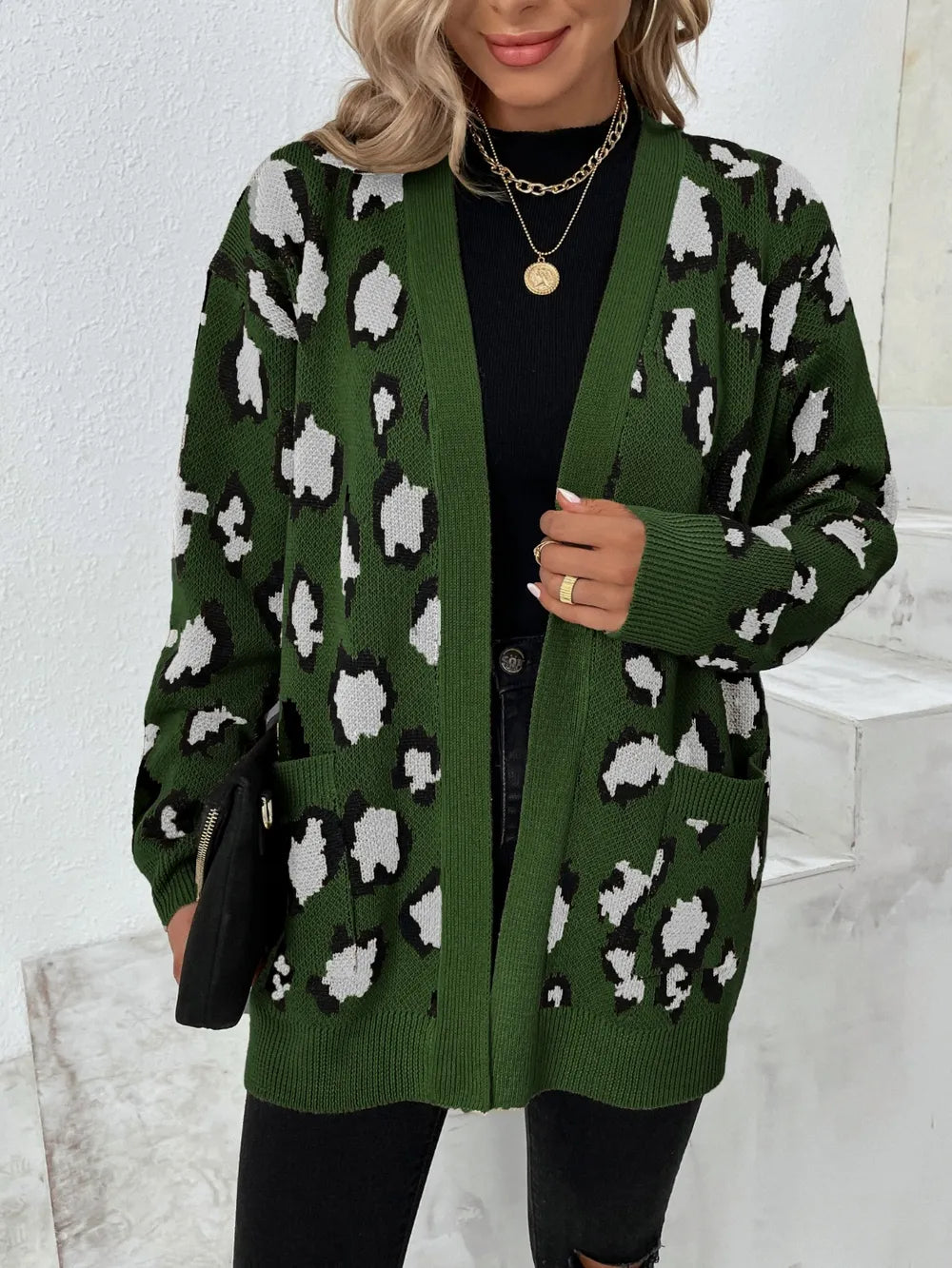 Animal Print Open Front Sweater - BritishElegance