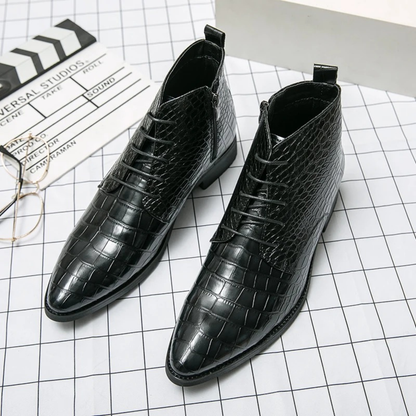 The Stromboli Men’s Crocodile Pattern Leather Ankle Boots - Black