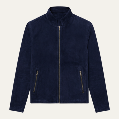 The Ritz Men’s Navy Suede Jacket – Luxury Slim Fit Bomber with Stand Collar