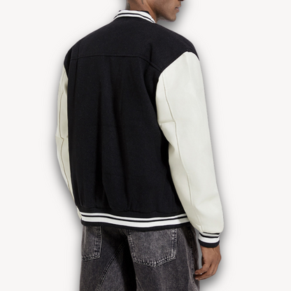 Men's Varsity Jacket - Wool Blend Body with Faux Leather Sleeves - Classic Letterman Style