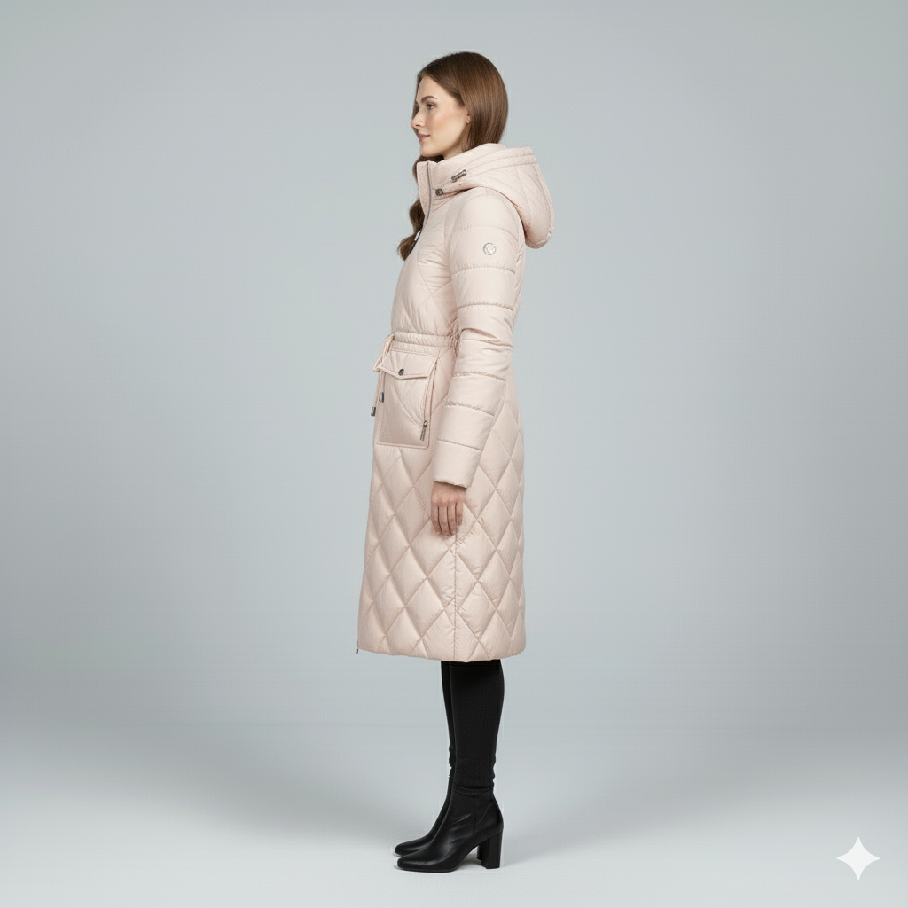 Violi | Padded Jacket - Quilted Hooded Knee-Length Winter Coat for Women