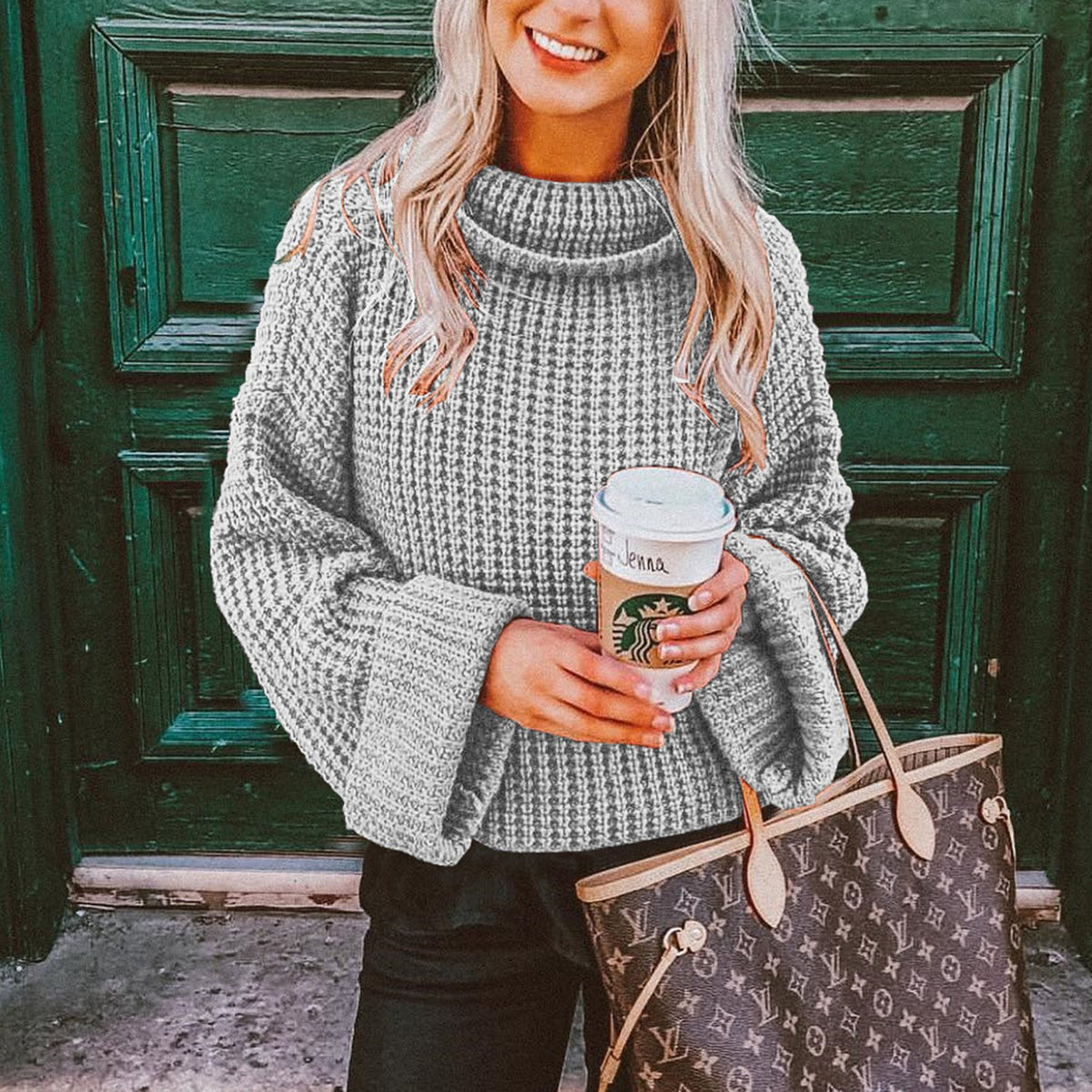Warm Women's Crew Neck Knit Sweater with Puffy Sleeves - BritishElegance