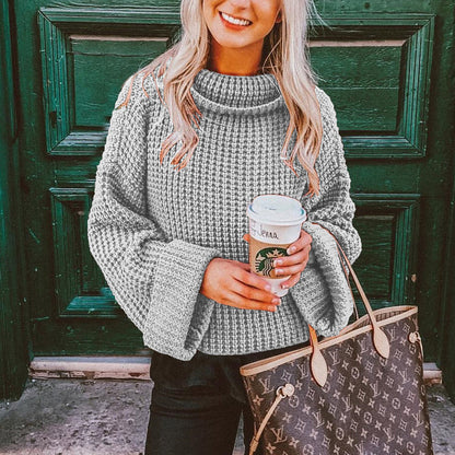 Warm Women's Crew Neck Knit Sweater with Puffy Sleeves - BritishElegance