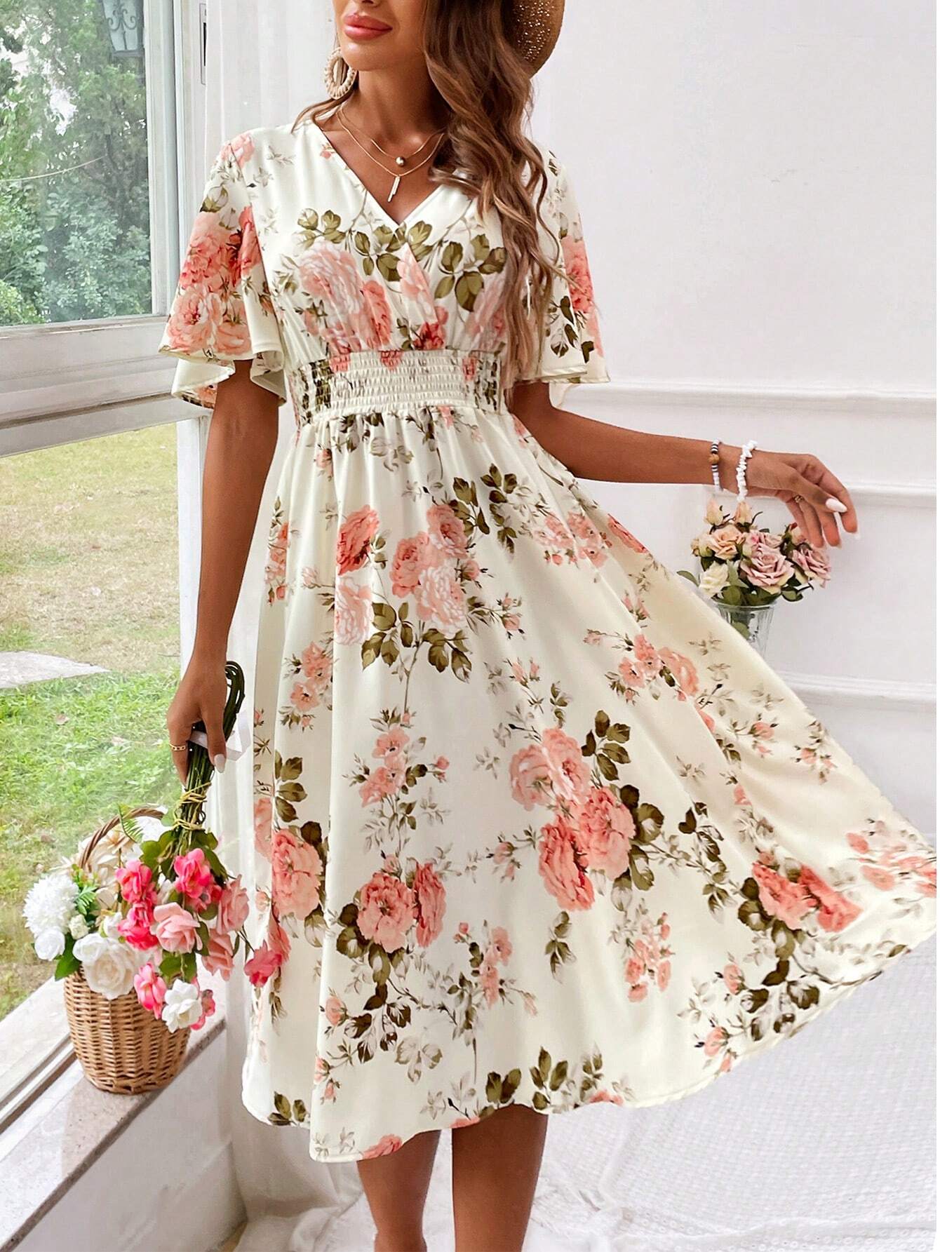 Beautiful Blossom V Neck Summer Dress - BritishElegance