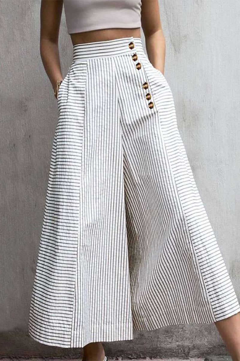 Comfortable High Waisted Cotton Stripe Pants with Pockets - BritishElegance
