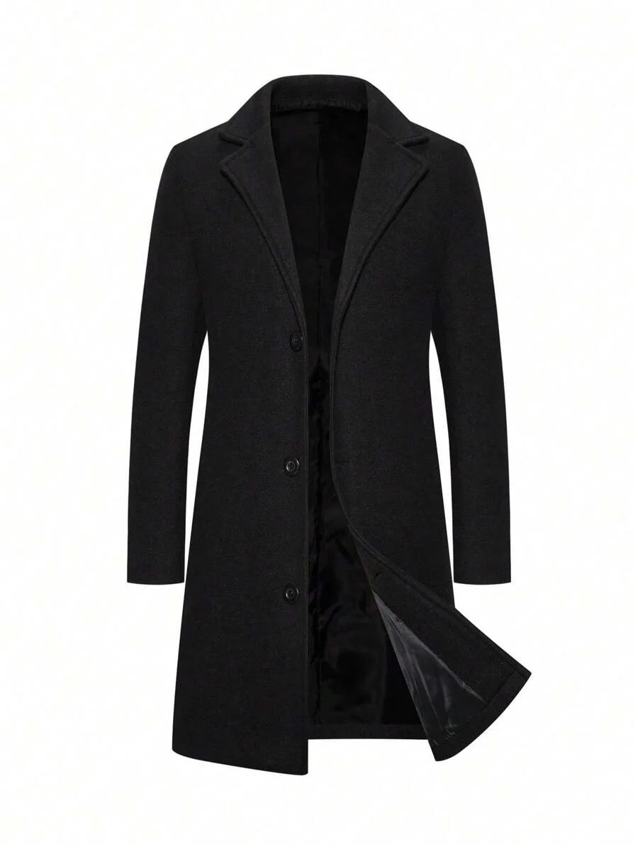 Solid Woolen Overcoat Black