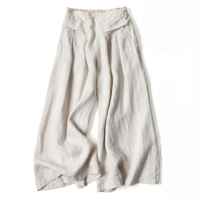 Comfortable Beige Cotton Linen High Waisted Loose Fit Pants