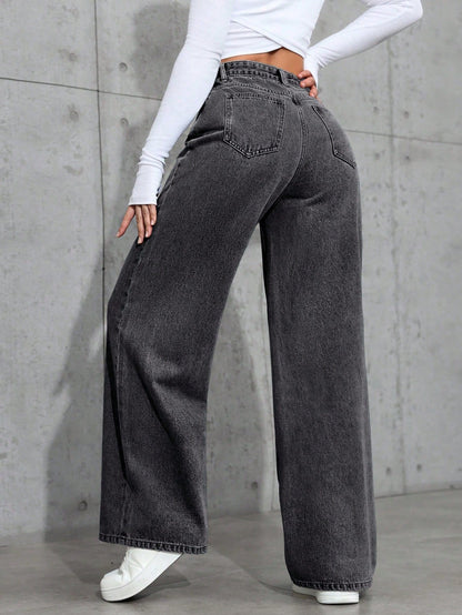 Casual Faded Jeans for Women – High Waist & Wide Leg Fit