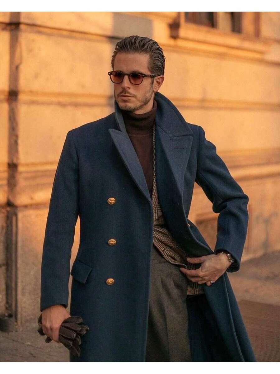 Navy Wool Blend Overcoat