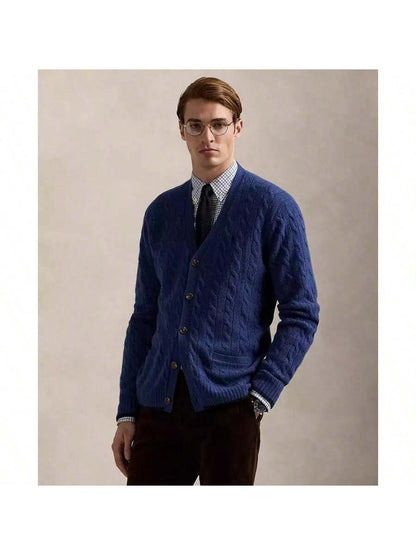 Navy Cable-Knit Cardigan Sweater Cashmere