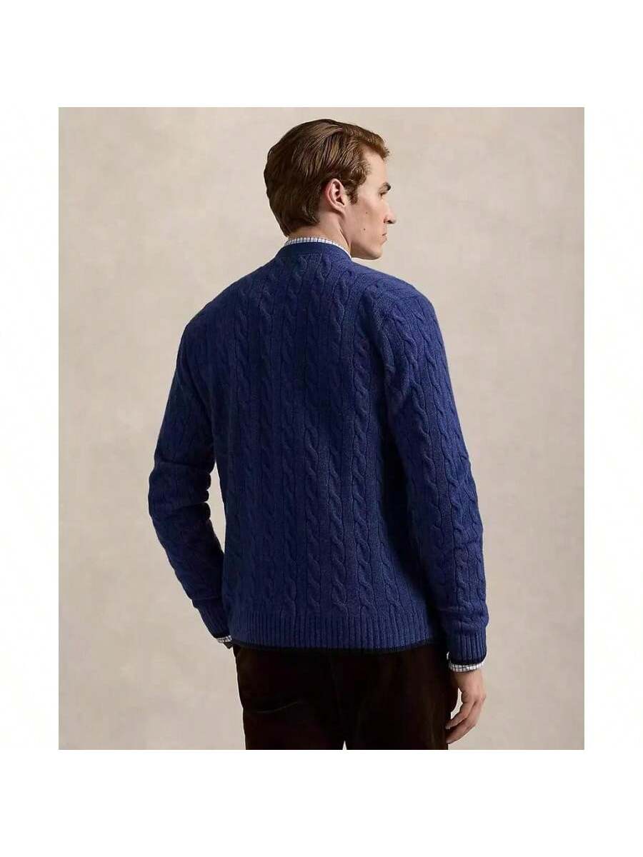 Navy Cable-Knit Cardigan Sweater Cashmere