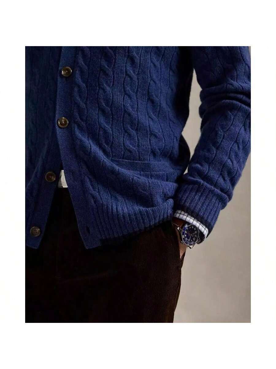 Navy Cable-Knit Cardigan Sweater Cashmere