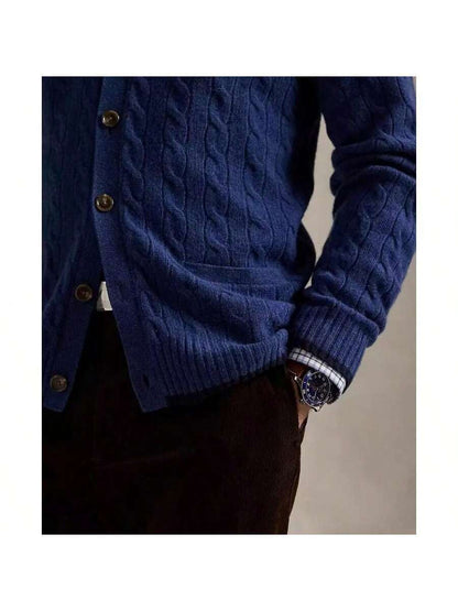 Navy Cable-Knit Cardigan Sweater Cashmere