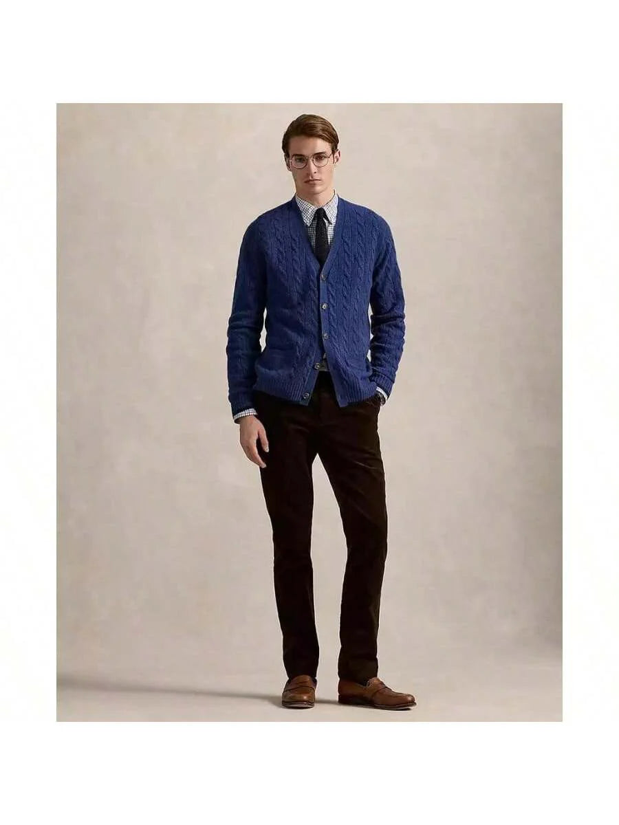 Navy Cable-Knit Cardigan Sweater Cashmere
