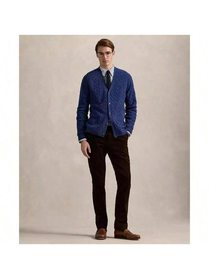 Navy Cable-Knit Cardigan Sweater Cashmere