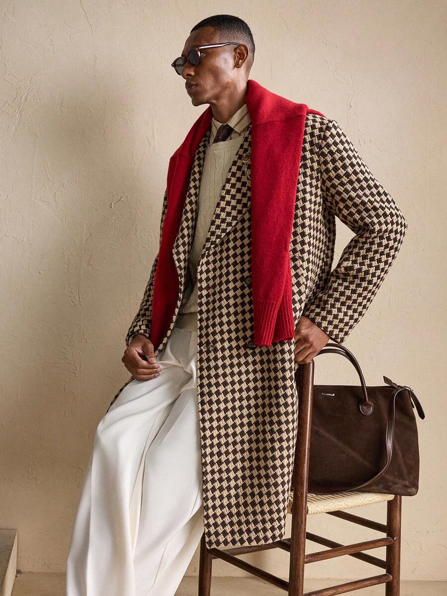 Oversized Wool Coat Plaid Khaki