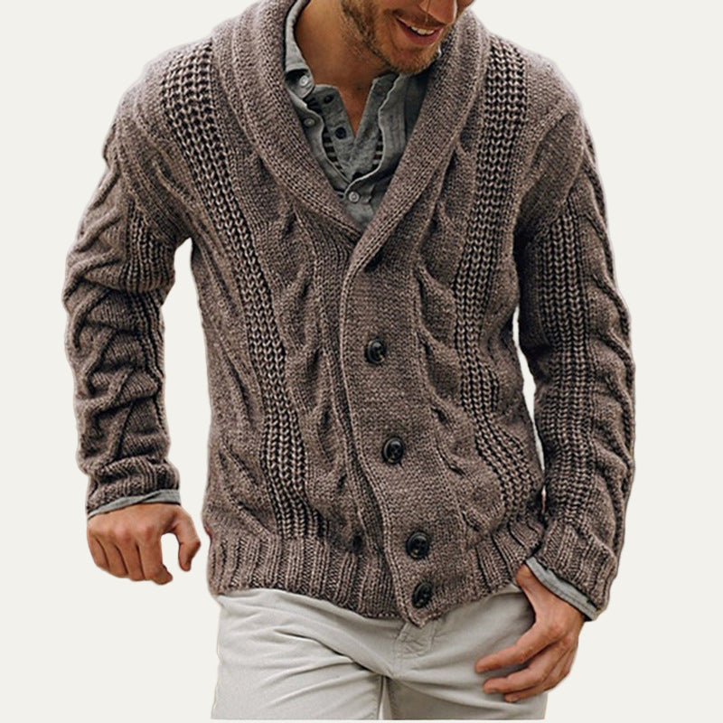 Men’s Thick Cable Knit Shawl Collar Cardigan