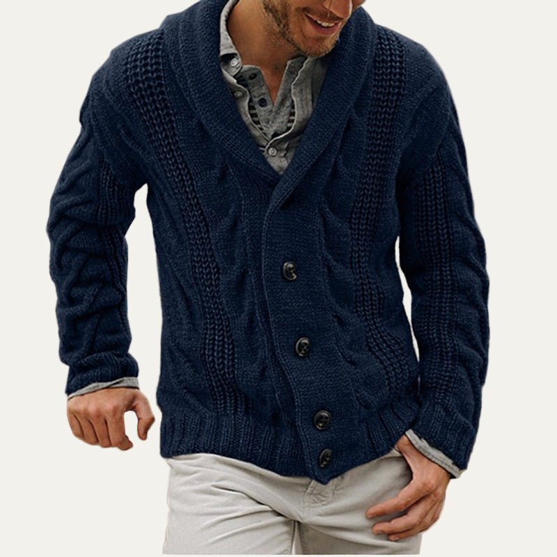 Men’s Thick Cable Knit Shawl Collar Cardigan
