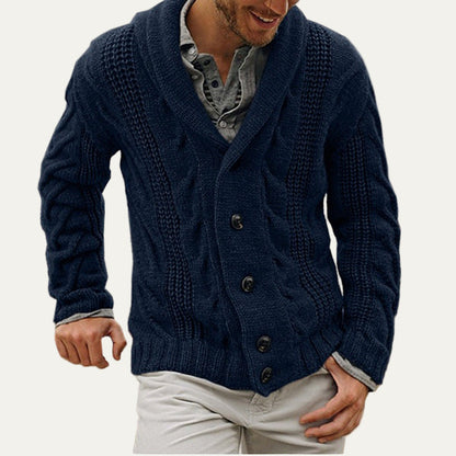 Men’s Thick Cable Knit Shawl Collar Cardigan