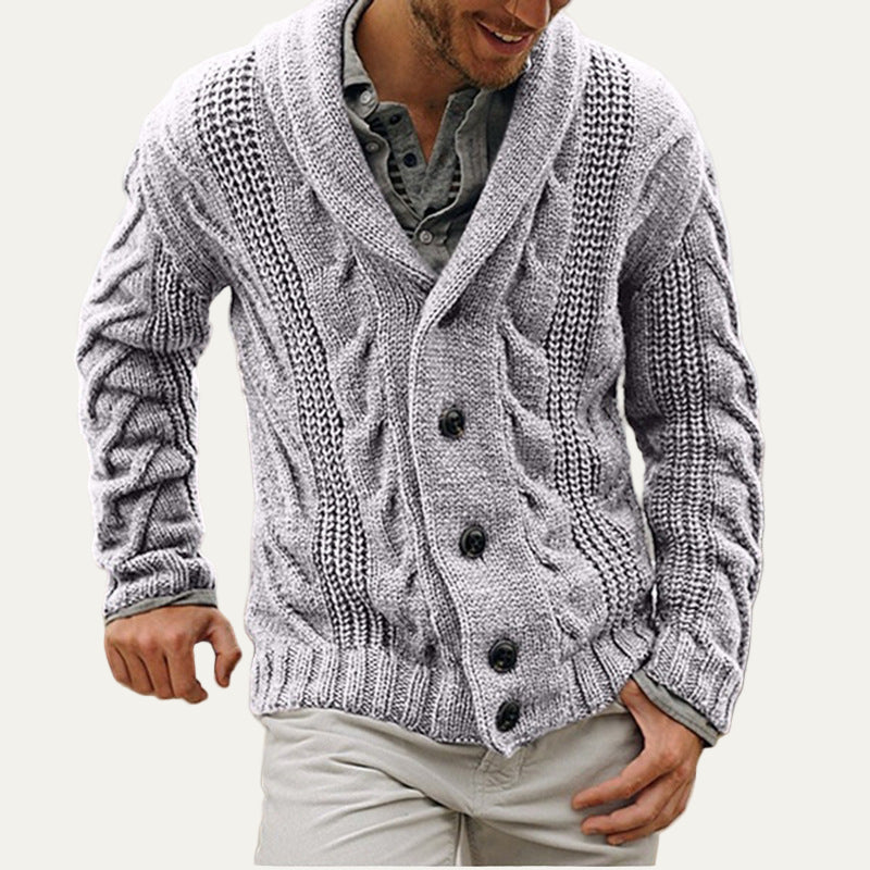 Men’s Thick Cable Knit Shawl Collar Cardigan