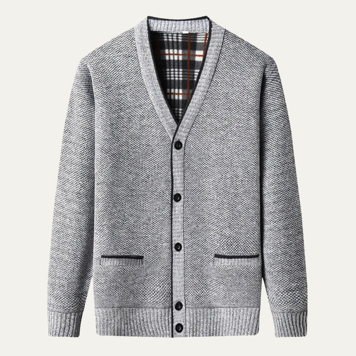 Men’s Plaid Lined Knit V Neck Cardigan