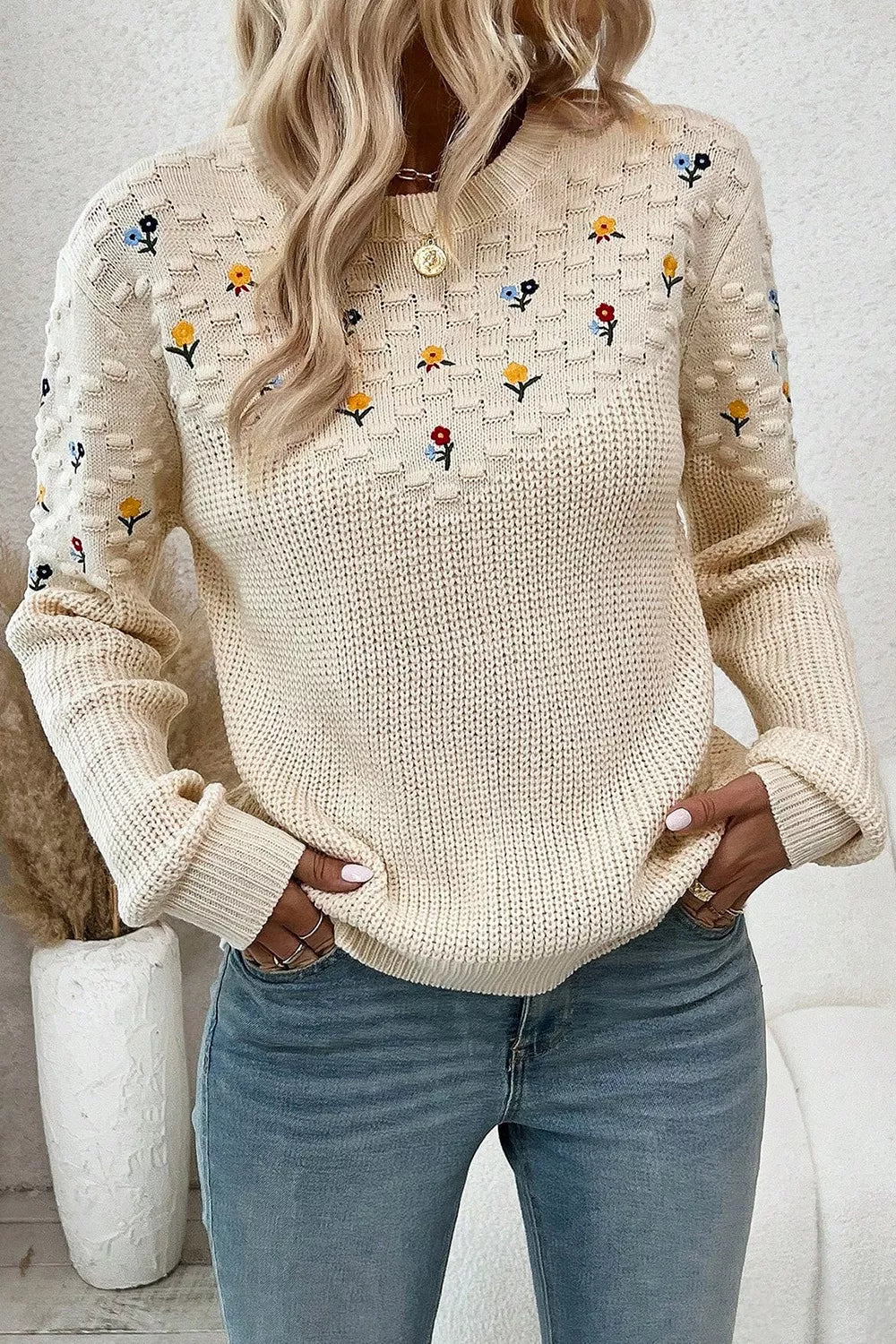 Pretty Pattern Crew Neck Pullover Sweater - BritishElegance