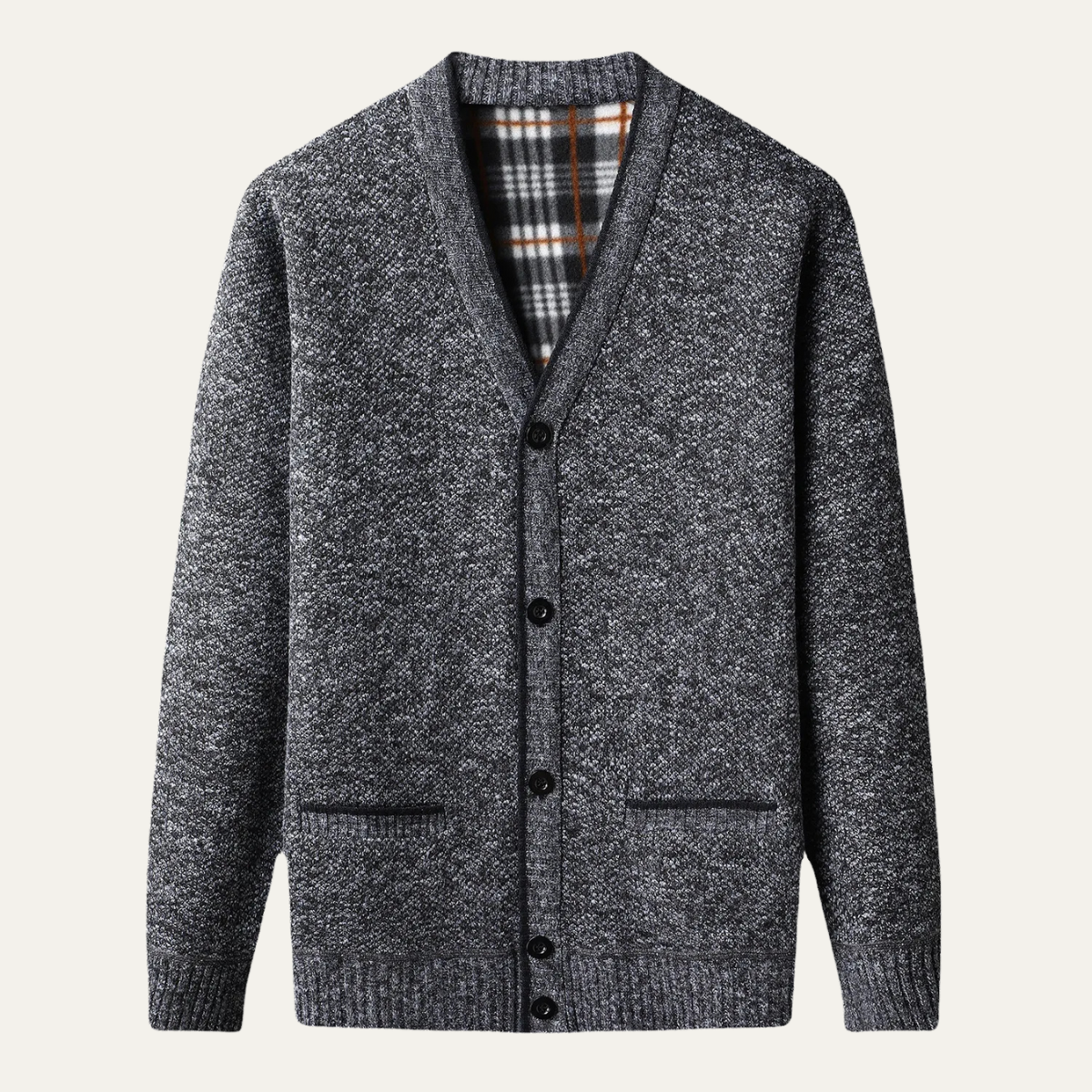 Men’s Plaid Lined Knit V Neck Cardigan