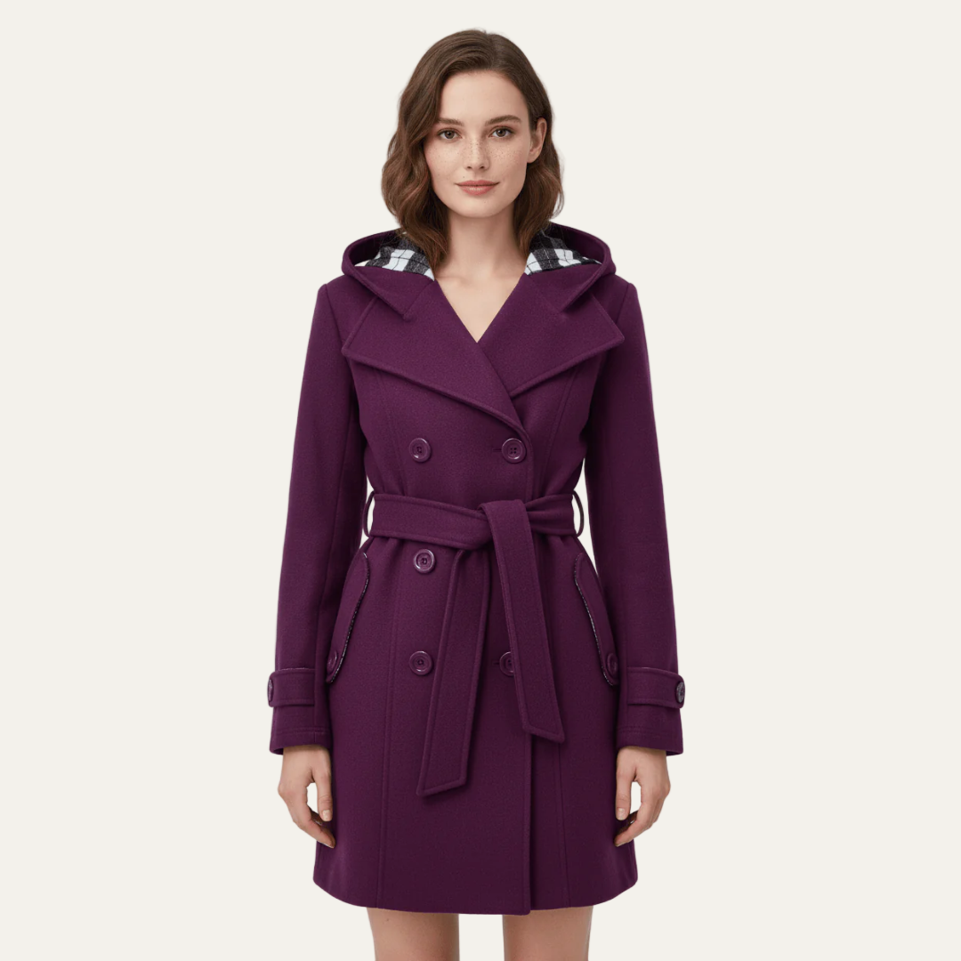Women’s Belted Double-Breasted Wool Coat with Hood