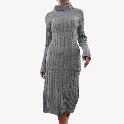 Grey Cable Knit Turtleneck Dress