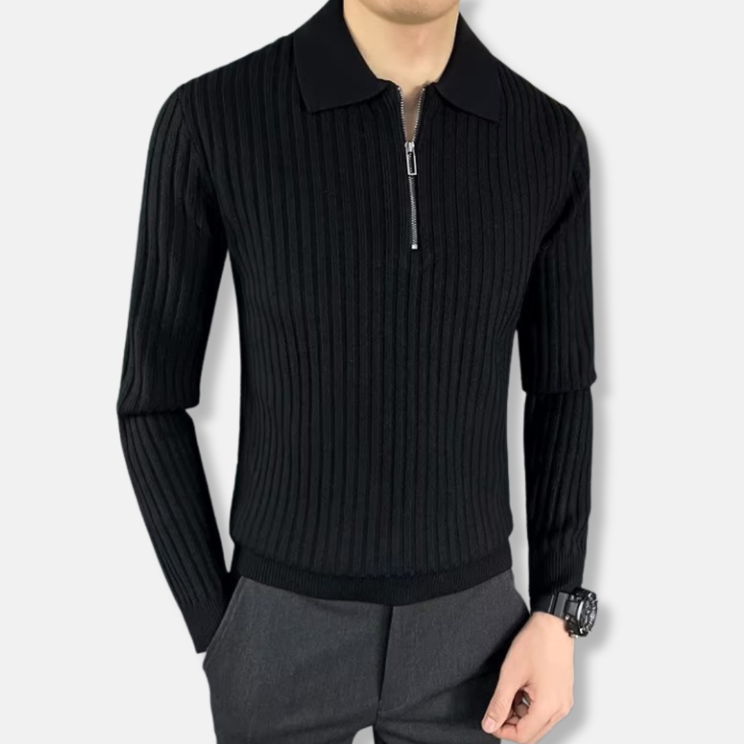 Men’s Polo Shirt – Regular Fit – Ribbed Texture – Long Sleeve Half-Zip