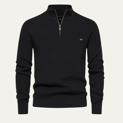 Men’s Ribbed Stand Collar Sweater with Quarter-Zip Closure