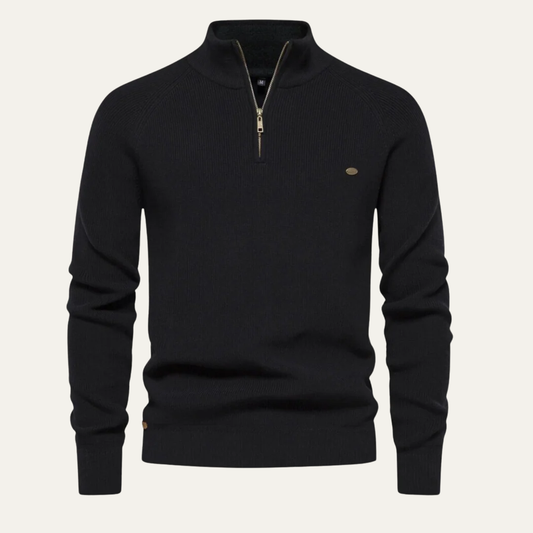 Men’s Ribbed Stand Collar Sweater with Quarter-Zip Closure