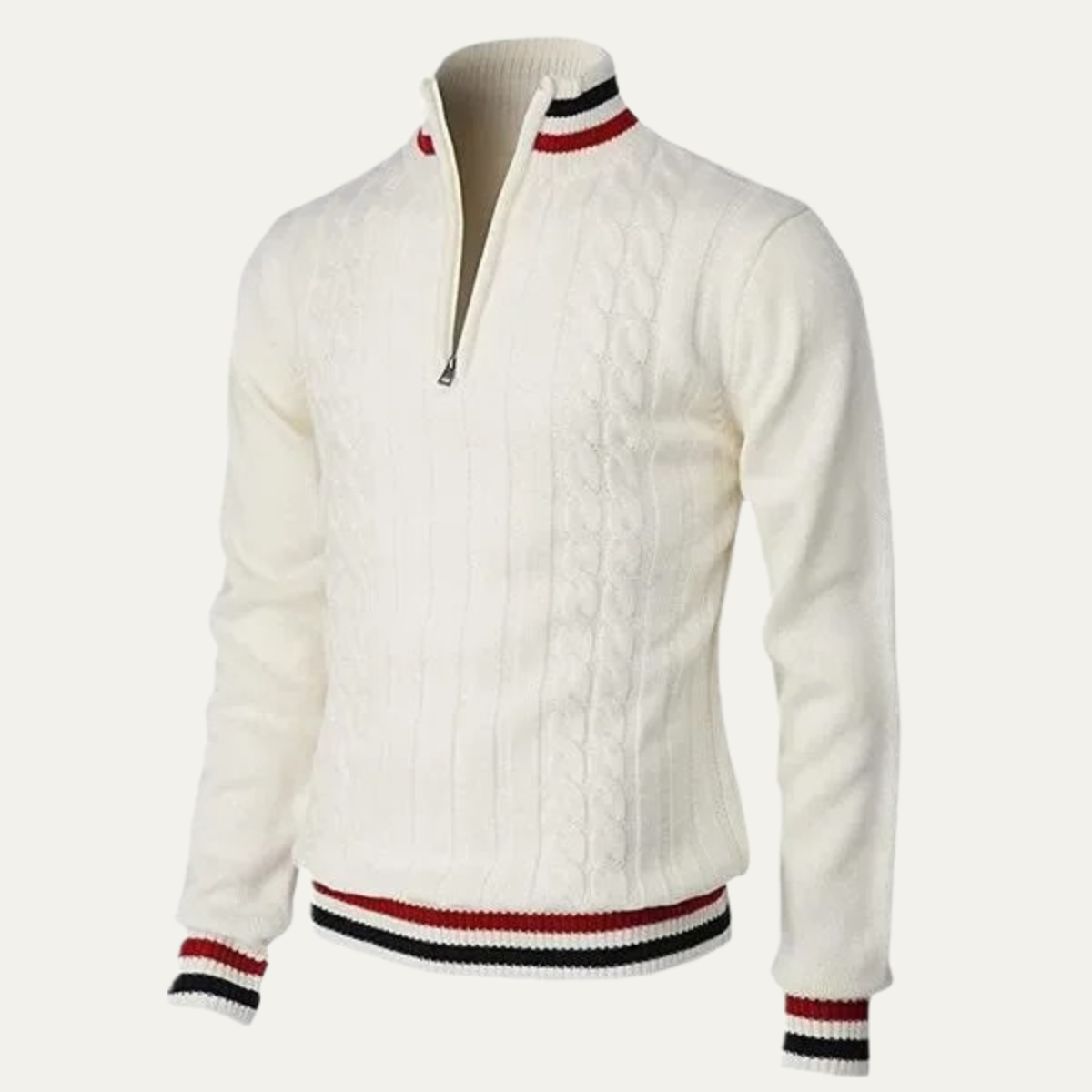 Men’s Cable Knit Quarter Zip Sweater with Contrast Tipping