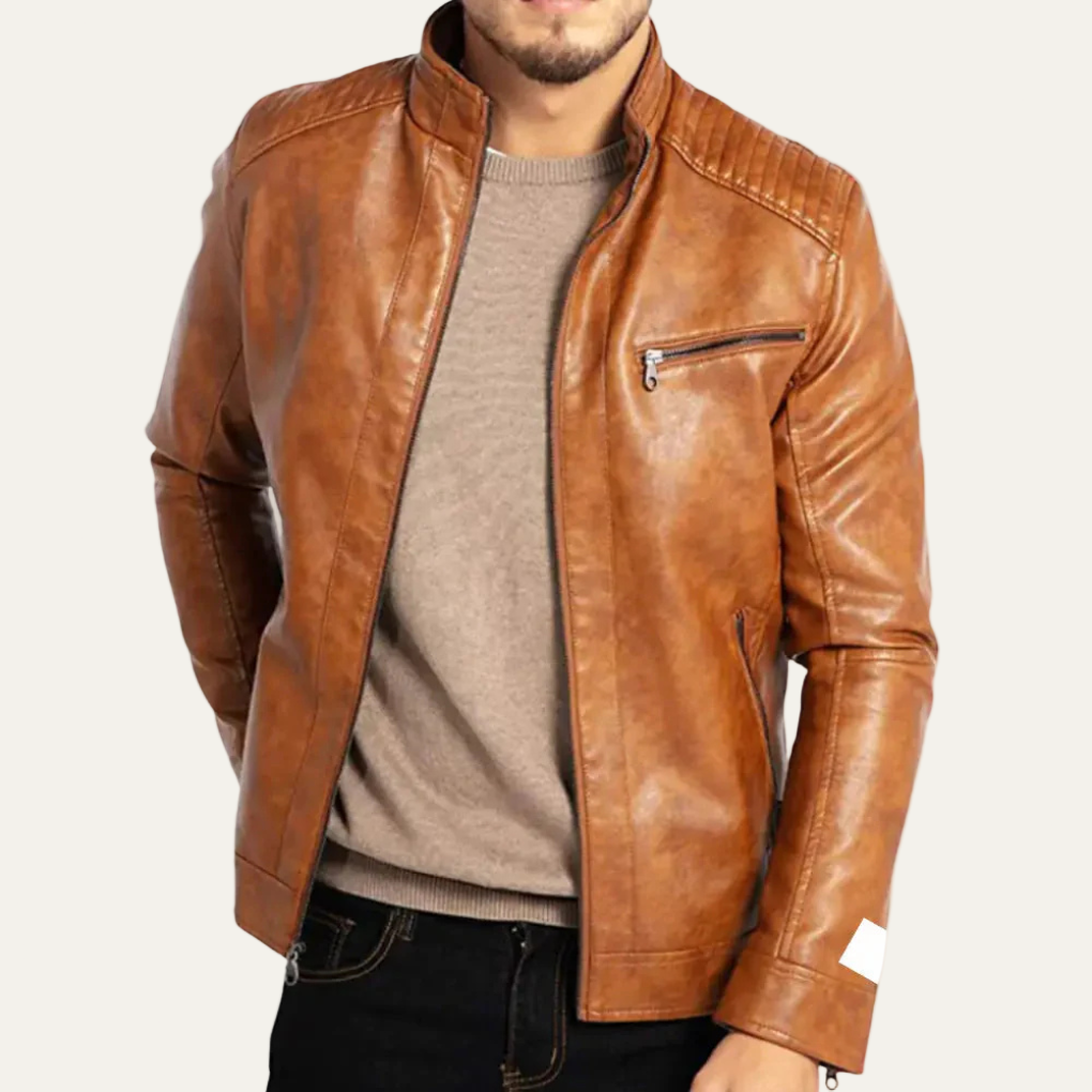 Men’s Stand Collar Faux Leather Biker Jacket
