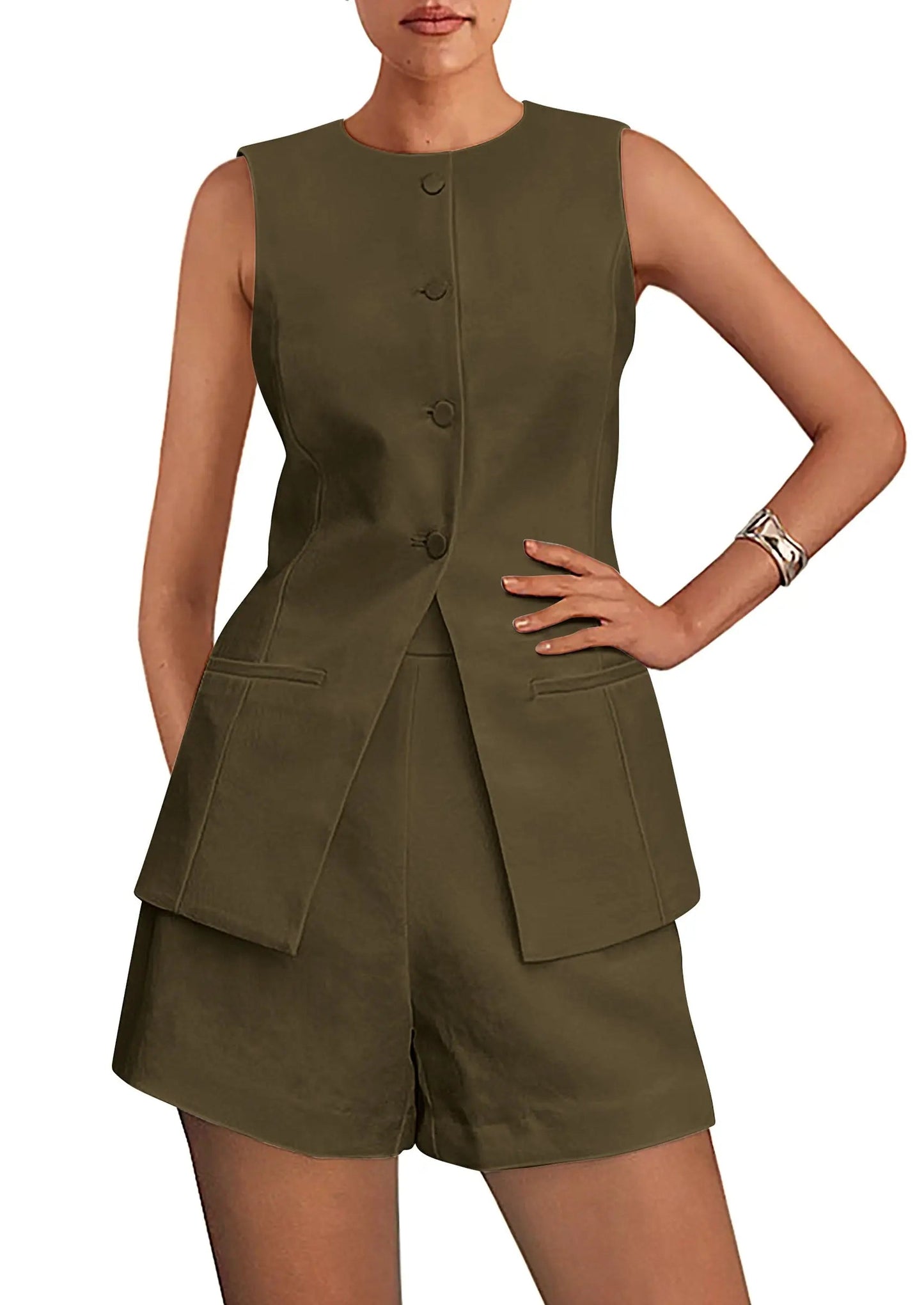 Casual Trendy Button Down Vest Tops High Waisted Shorts Business Two Piece Sets