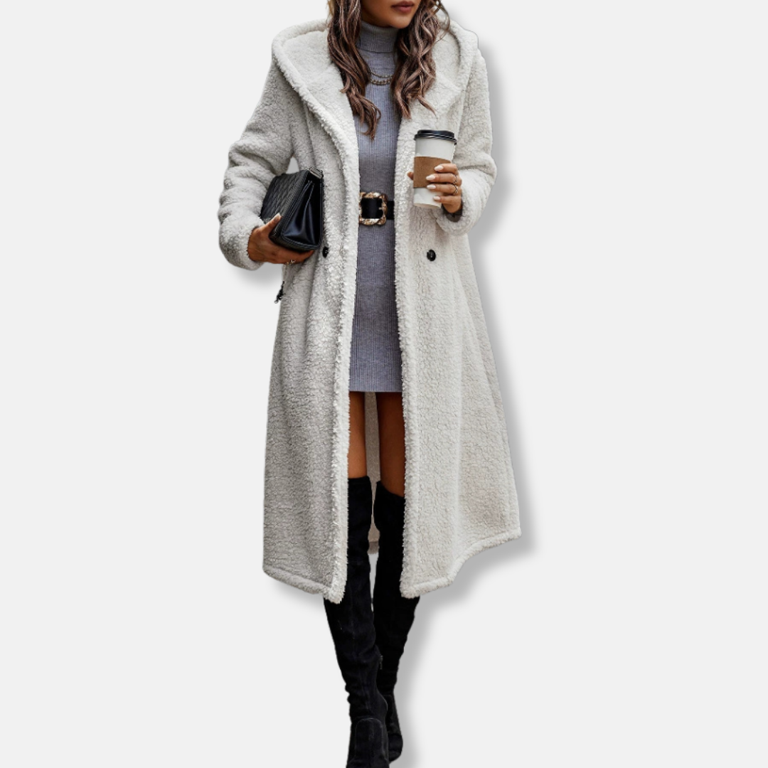 Women’s Long Coat – Plush Fleece Feel – Relaxed Fit – Hooded – Notched Lapel