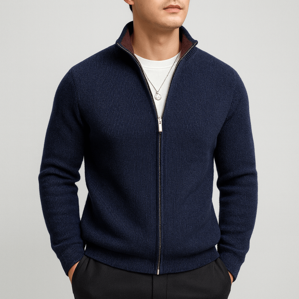 Men’s Full Zip Knit Cardigan with Contrast Collar Lining