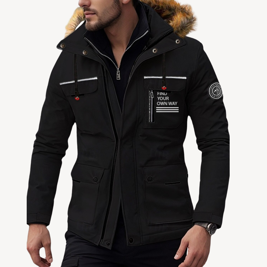 Men's Insulated Puffer Jacket with Detachable Faux Fur Hood