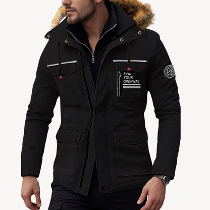 Men's Insulated Puffer Jacket with Detachable Faux Fur Hood