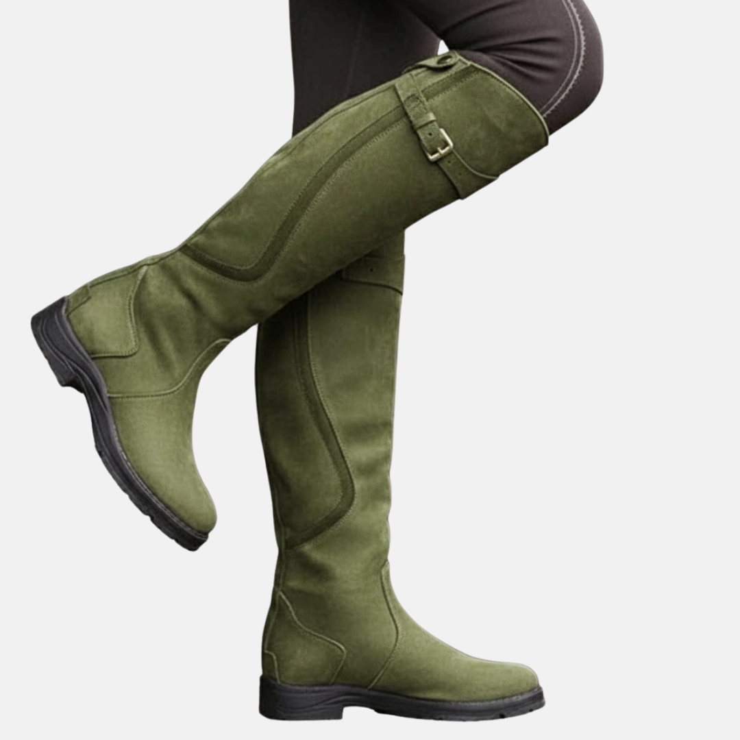 Olivia Knee-High Hiking Boots | Buckled Strap Panel Detail Hiking Boots