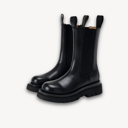 Woman’s Black Leather Chelsea Boots - Chunky Sole, Slip-On, Durable, Stylish Casual Footwear