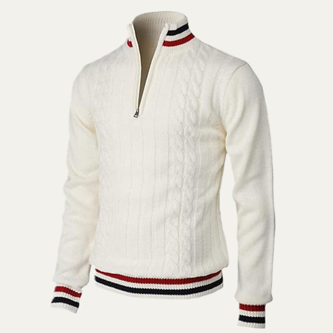 Men’s Striped Mock Neck Cable Zip Sweater