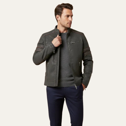 Men’s Faux Leather Racer Jacket with Quilted Trim