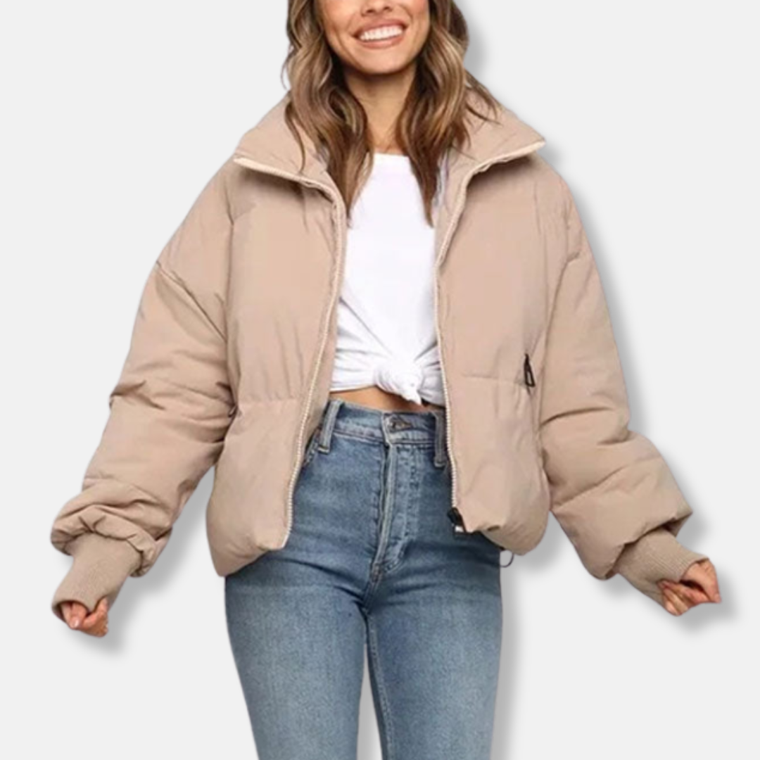 Women’s Puffer Jacket – Oversized Fit – Cropped Length – Stand Collar – Ribbed Cuffs