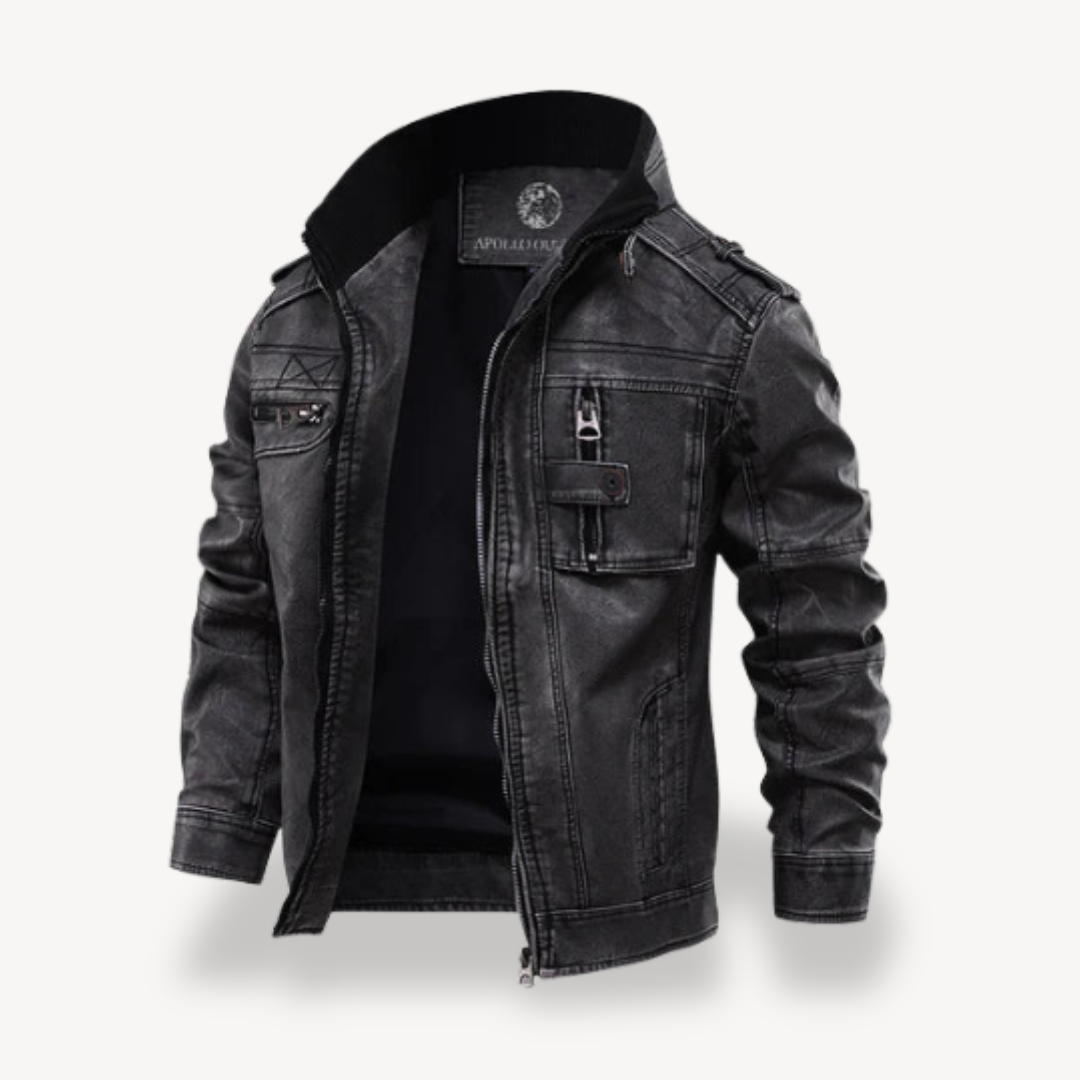 Men’s Black Faux Leather Biker Jacket Casual Zip Coat