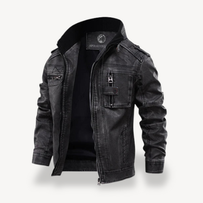 Men’s Black Faux Leather Biker Jacket Casual Zip Coat