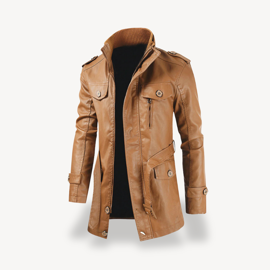 Men’s Faux Leather Long Biker Jacket Casual Zip Coat