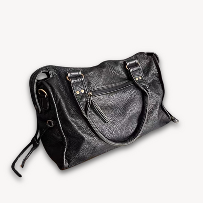 Women's Black Leather Handbag - Soft Tote with Zipper Pocket, Adult Casual Shoulder Bag